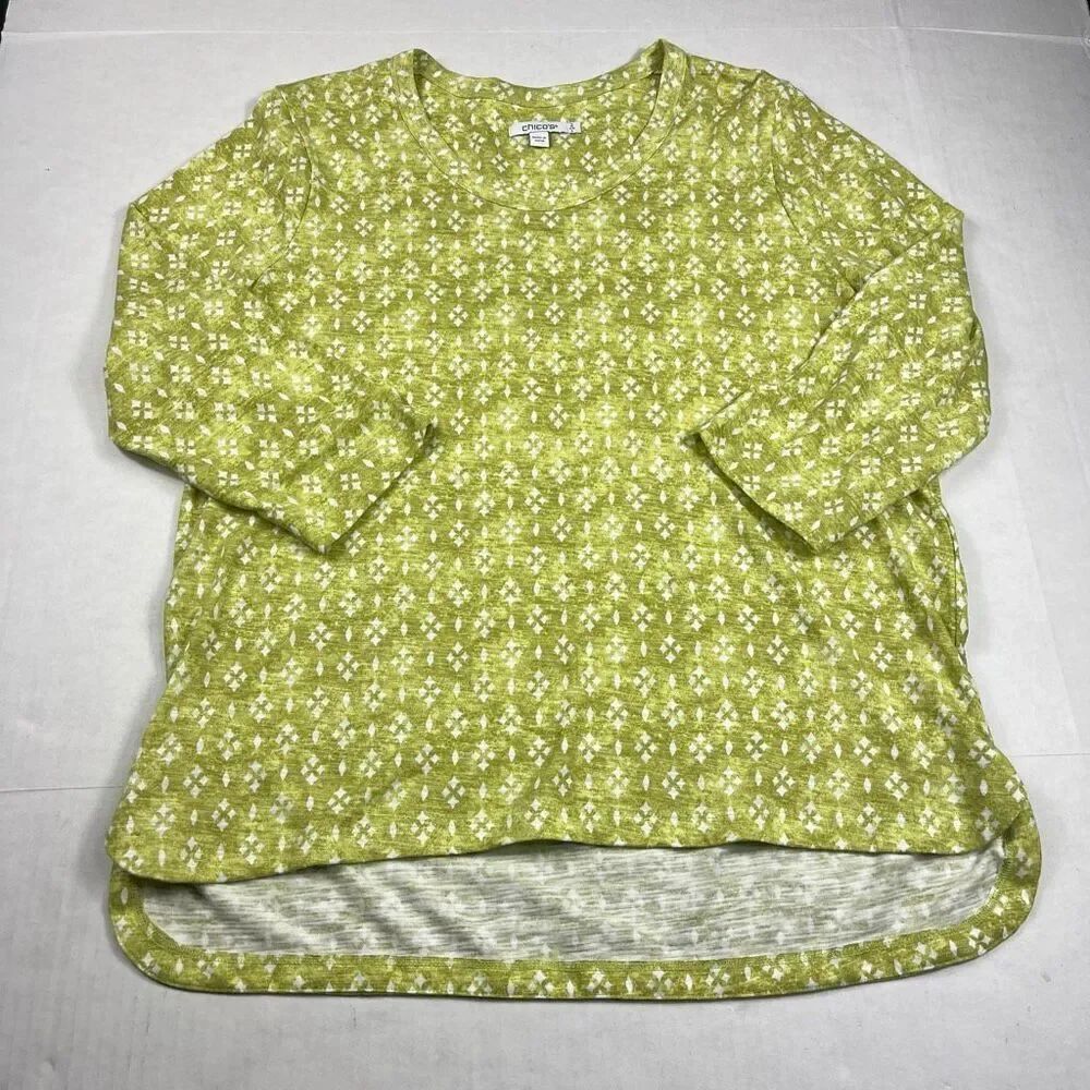 Chicos 3/4 Sleeve Tunic Shirt Green White Abstract Mosaic Print Boho Top 2 LARGE